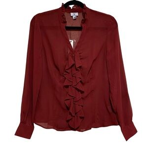 Worthington Sheer Elegant Burgundy Ruffle Blouse Button Up Size Medium NWT
